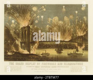La Grande exposition de feux d'artifice et illuminations à l'ouverture du Grand pont suspendu entre New York et Brooklyn le soir du 24 mai 1883. Vue de New York en regardant vers Brooklyn. 1954 par Currier & Ives Banque D'Images