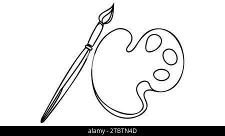 Pinceau et palette de peinture avec des peintures. Dessin continu d'une ligne. Illustration vectorielle isolée sur fond blanc. Illustration de Vecteur