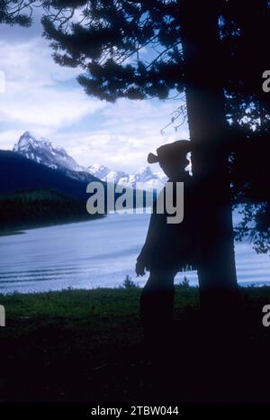 JASPER, AB - JUILLET 1954 : vue générale d'une femme en silhouette reposant et regardant le lac tout en s'aventurant à travers le sentier Jasper à cheval vers juillet 1954 à Jasper, Alberta, Canada. (Photo de Hy Peskin) Banque D'Images