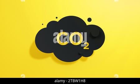 Émissions de CO2 du nuage sur fond jaune. Icon Carbon Gas. Design abstrait minimaliste avec papier découpé noir. Rendu 3D. Banque D'Images