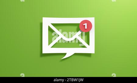 Nouveau concept de notification par e-mail pour les e-mails professionnels. Design minimaliste abstrait avec papier découpé sur un fond vert. Rendu 3D. Banque D'Images