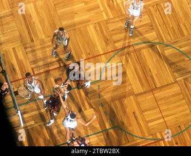 BOSTON, MA - DÉCEMBRE 12 : Ed Fleming #3 des Royals de Rochester se bat pour le rebond avec Jack Nichols #16, Arnie Risen #19 et Bob Cousy #14 des Celtics de Boston alors que Maurice Stokes #12 des Royals regarde lors d'un match de NBA le 12 décembre 1956 au Boston Garden de Boston, Massachusetts. (Photo de Hy Peskin) *** Légende locale *** Ed Fleming ; Jack Nichols ; Arnie Risen ; Bob Cousy ; Maurice Stokes Banque D'Images