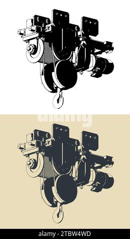 Illustrations vectorielles stylisées de palan électrique avec corde en acier pour soulever la cargaison Illustration de Vecteur