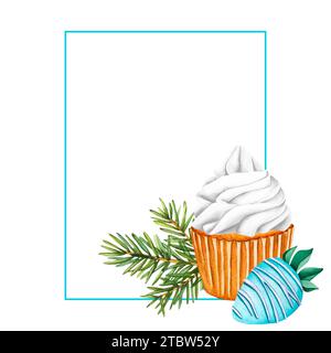 Cadre d'hiver. Cupcake à la crème blanche et fraise avec glaçage chocolat bleu sur fond de branches de sapin. Illustration aquarelle d'un hiver Banque D'Images