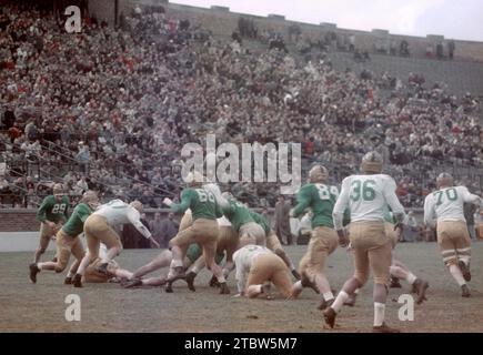 SOUTH BEND, IN - AVRIL 16 : l'équipe des anciens de notre Dame (blanc) joue contre l'équipe universitaire de notre Dame (vert) lors d'un match des anciens le 16 avril 1957 au notre Dame Stadium à South Bend, Indiana. (Photo de Hy Peskin) Banque D'Images