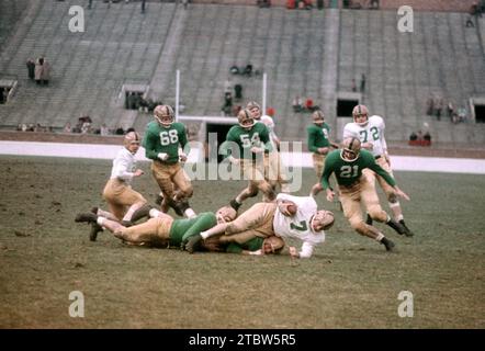 SOUTH BEND, IN - AVRIL 16 : l'équipe des anciens de notre Dame (blanc) joue contre l'équipe universitaire de notre Dame (vert) lors d'un match des anciens le 16 avril 1957 au notre Dame Stadium à South Bend, Indiana. (Photo de Hy Peskin) Banque D'Images