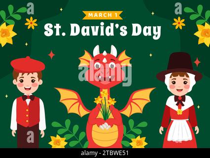 Joyeux Saint David Illustration vectorielle le 1 mars avec des dragons gallois et des jonquilles jaunes dans Celebration Holiday Flat Cartoon Design de fond Illustration de Vecteur