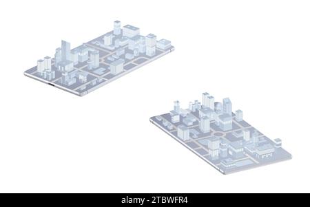 Ville moderne sur le téléphone portable, rendu 3D. Illustration 3D. Banque D'Images