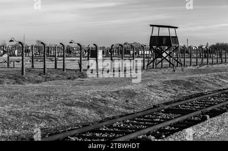 Une image en noir et blanc d'une petite tour de guet à Auschwitz II, Birkenau Banque D'Images