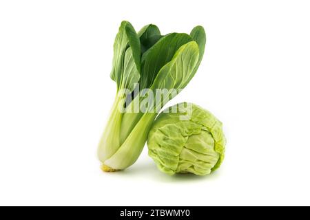 Chou de pak choi frais ou chou chinois et chou blanc isolés sur fond blanc Banque D'Images