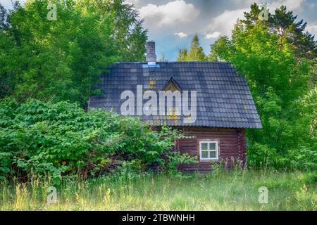 Petite maison de campagne nichée dans les légumes-feuilles arbres en bois avec un champ d'herbe et de la route au premier plan dans un paysage pittoresque Banque D'Images