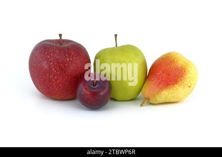 Pommes rouges et vertes, poires prune et mûres avec tige isolée sur fond blanc Banque D'Images