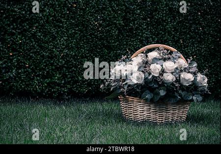 Bouquet de belles roses blanches dans un panier en osier sur fond vert. Idéal pour les cartes de vœux Banque D'Images