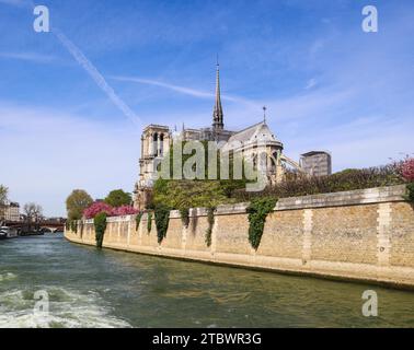 France, avril 05 2019. Cathédrale notre-Dame au-dessus de la Seine au printemps. Avant l'incendie Banque D'Images