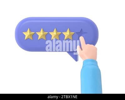 Main de l'utilisateur pointant sur le formulaire de sondage et choisissant l'étoile jaune. Avis client positif cinq étoiles. Feedback en ligne, rendu 3D sur fond blanc. Banque D'Images