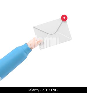 Concept de message reçu. Nouveau, e-mail entrant, sms. Service de livraison de courrier. Enveloppe en main. recevoir du courrier. Rendu 3D sur fond blanc. Banque D'Images