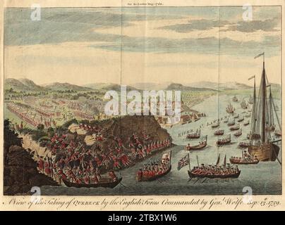 Vue d'ensemble de la prise de Québec par les forces anglaises commandées par le général Wolfe le 13 septembre 1759, carte vers 1760 Banque D'Images