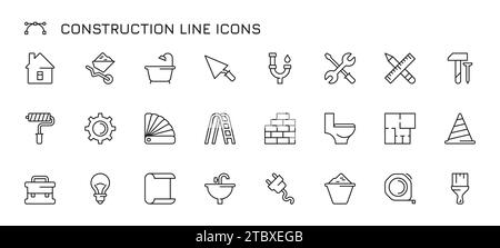 Icônes de ligne de construction. Outils d'ingénieur en bâtiment, clé à godets de scie à maçonnerie et chauffage, plan de rénovation de plomberie. Ensemble isolé de vecteur d'illustration de ligne d'icône de bâtiment de construction Illustration de Vecteur