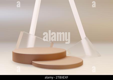 Scène minimale abstraite avec des formes géométriques. Podium en couleur beige clair avec verre. Maquette de scène pour montrer les produits. Vitrine, vitrine, présentoir env Banque D'Images