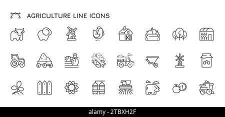 Icônes de ligne agricole. Icônes de cultures biologiques pour l'impression, les animaux de ferme et le matériel agricole. Ensemble isolé de constructions de fermes vectorielles et de véhicules. Farmho Illustration de Vecteur