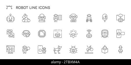 Icônes de ligne de robot. Décrire le chatbot IA et les personnages mécaniques pictogrammes liés, l'intelligence artificielle futuriste et la technologie robotique. iso vectoriel Illustration de Vecteur