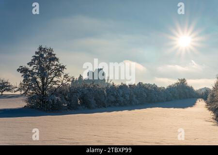 Paysage hivernal enneigé et magnifique à Waldburg en haute-Souabe. Vue sur le château enneigé Banque D'Images