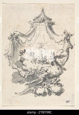 Rideaux séparés révélant Angels Upon Clouds adorant une Monstrance (Design for a Stage Set?) 1974 par Giovanni Battista Natali III Banque D'Images