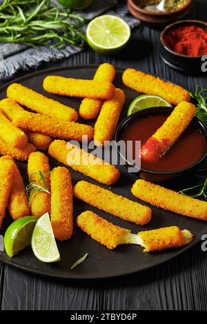 bâtonnets de mozzarella frits avec sauce trempette, tranches de citron vert et romarin frais sur plateau noir sur table en bois noir, cuisine américaine, vue verticale vers l'arrière Banque D'Images