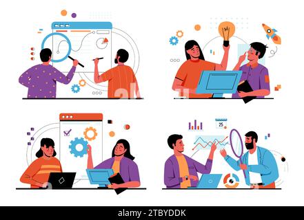 Les gens qui signent des contrats. Homme avec loupe lisant le document d'affaires. Audit de l'accord. Femme analysant des infographies de projet. Expertise juridique. Erreurs Illustration de Vecteur