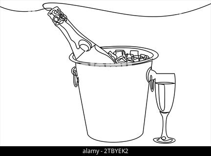 Bouteille de champagne dans un seau avec glace et verres de champagne-dessin de ligne continue Illustration de Vecteur