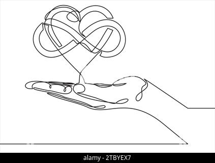 Mains tenant un fil en forme de cœur.le signe de l'infini. Love Forever-Continuous Line Illustration de Vecteur