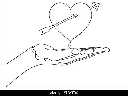 Main tenant l'icône cœur. Symbole de l'amour. Affiche de Saint-Valentin – ligne continue Illustration de Vecteur