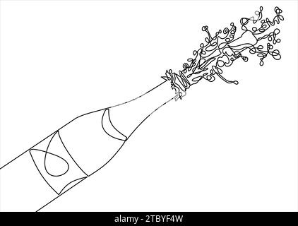 Bouteille de Champagne explosion-dessin au trait continu Illustration de Vecteur