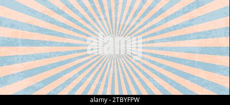 Vintage grunge shabby rétro affiche horizontale Peach fuzz tendance couleur 2024 et fond bleu avec des faisceaux divergents. Illustration vectorielle Illustration de Vecteur