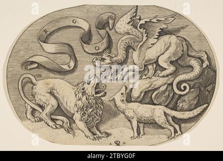 Un lion, un dragon et un renard qui se battent, une banderole inscrite au-dessus, une composition ovale 1951 de Marco Dente Banque D'Images