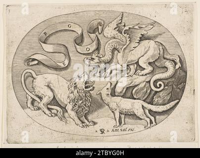 Un lion, un dragon et un renard qui se battent, une banderole inscrite au-dessus, une composition ovale 1926 de Marco Dente Banque D'Images