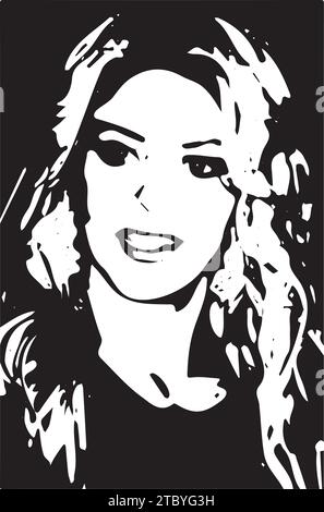 Portrait de Shakira. Vecteur Noir et blanc. Chanteuse colombienne aux cheveux ondulés. Elle danse en bougeant les hanches, musique pop latine en Amérique du Sud. Illustration de Vecteur