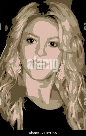 Portrait de Shakira. Vecteur Noir arrière-plan et couleurs. Chanteuse colombienne aux cheveux ondulés. Elle danse en bougeant les hanches, musique pop latine dans le Sud Illustration de Vecteur