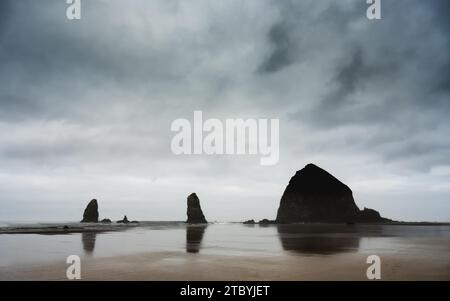 Haystack Rock se reflète dans la marée basse de Canon Beach le matin nuageux le long de la côte de l'Oregon Banque D'Images