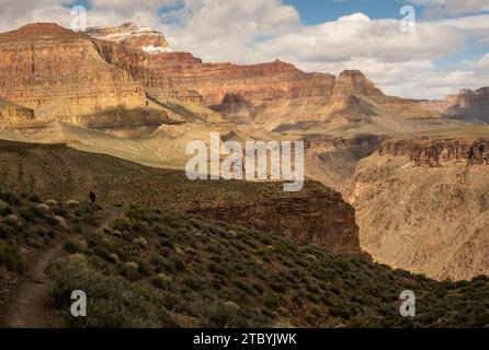 Le randonneur fait une pause le long de Tonto Trail pour admirer la vue de Lookout point dans le Grand Canyon Banque D'Images