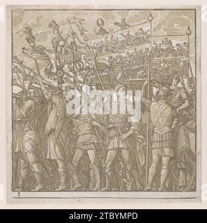 Feuille 1 : soldats portant des banderoles représentant les exploits militaires triomphants de Jules César, tiré de 'le Triomphe de Jules César' 1922 par Andrea Andreani Banque D'Images