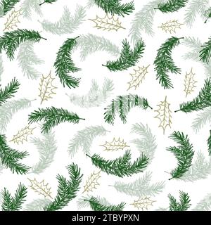 Motif sans couture aquarelle avec des branches de pin vert et des feuilles de houx dorées. Branche de pin dessiné à la main pour le papier d'emballage, décoration de vacances d'hiver, gre Illustration de Vecteur
