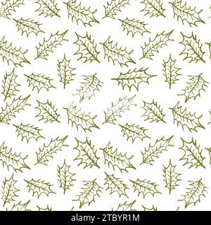 Motif doré sans couture avec branches feuilles de houx dorées. Branche d'arbre dessiné à la main pour le papier d'emballage, décoration de vacances d'hiver, vert et or. Christ Illustration de Vecteur