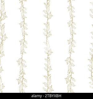 Feuilles d'art de ligne dorée de verdure, motif floral rayé simple dessiné à la main, couleur pastel. Fond vectoriel pour impressions, tissu textile, wallpa Illustration de Vecteur
