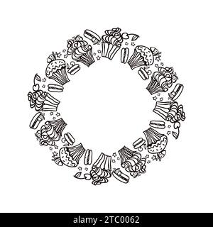 Cadre de cercle de vecteur de gâteau sucré avec des desserts. Macaron, muffin, pudding, gâteau aux cerises et fraises. Vecteur noir et blanc dessiné à la main illu Illustration de Vecteur