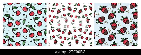 Ensemble de motifs sans couture cerise et fraise. Baies d'été, fruits avec des feuilles, fond vectoriel. Illustration de doodle dessinée à la main pour la couverture, FAB Illustration de Vecteur