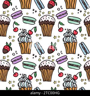 Modèle sans couture de gâteau sucré avec des desserts. Macaron, muffin, pudding, gâteau aux cerises et fraises. Illustration vectorielle dessinée à la main pour surfa Illustration de Vecteur