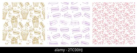 Ensemble de motifs sans couture pastel de gâteau sucré avec des desserts. Macaron, muffin, pudding, gâteau aux cerises et fraises. Fond vectoriel dessiné à la main f Illustration de Vecteur