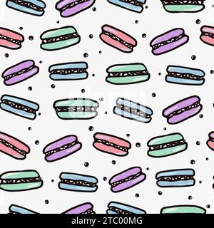 Motif sans couture macaron avec de la nourriture sucrée. Fond d'illustration vectorielle de gâteau coloré dessiné à la main pour la conception de surface, textile, tissu, scrapbook ou W. Illustration de Vecteur