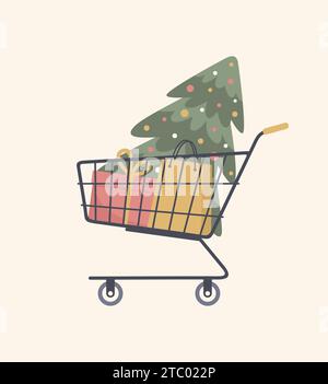 Chariot avec arbre de Noël et cadeaux. Shopping de Noël. Illustration vectorielle plate Illustration de Vecteur